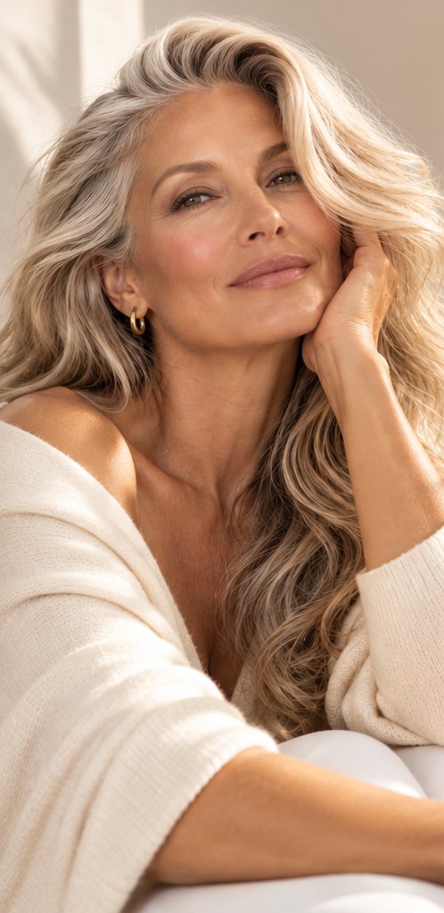Woman with long, wavy silver-blonde hair resting her head on her hand