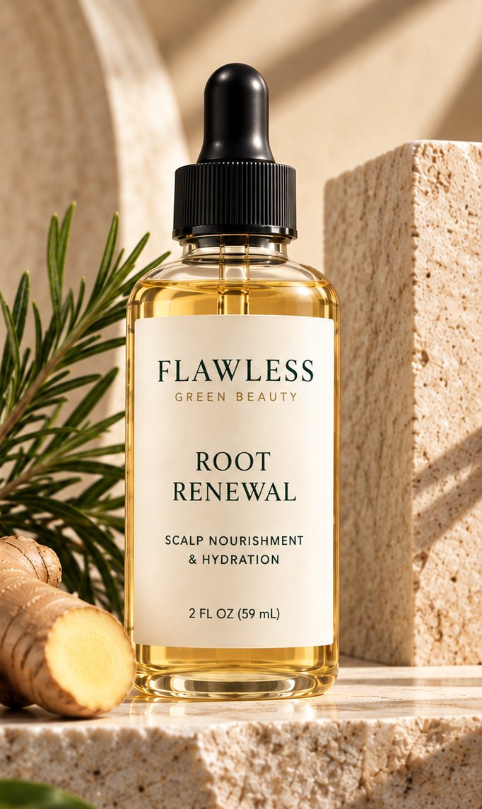 Root Renewal, 2 fl oz, with a black dropper on natural stone