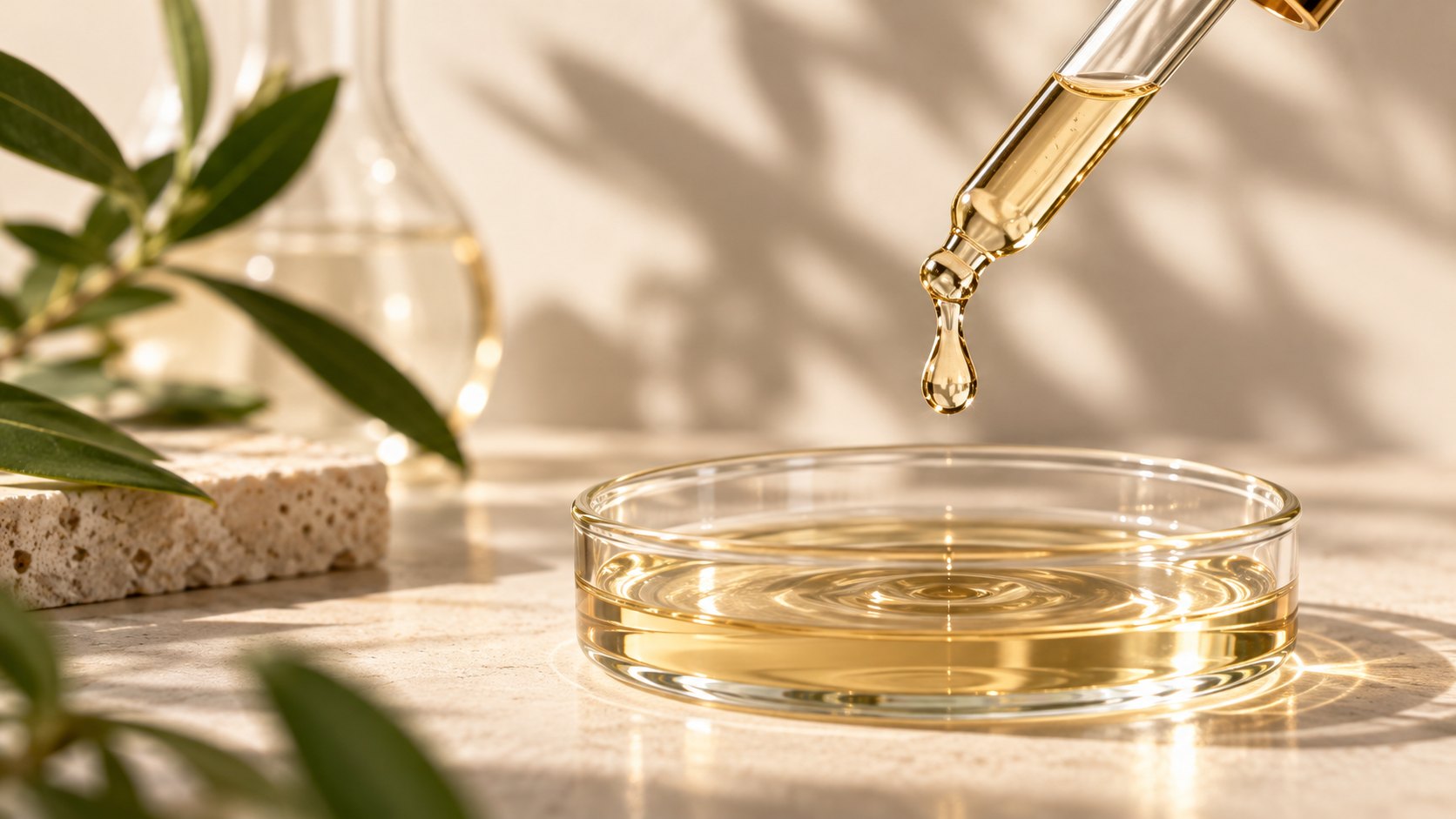 A golden serum droplet falling from a glass dropper into a glass dish